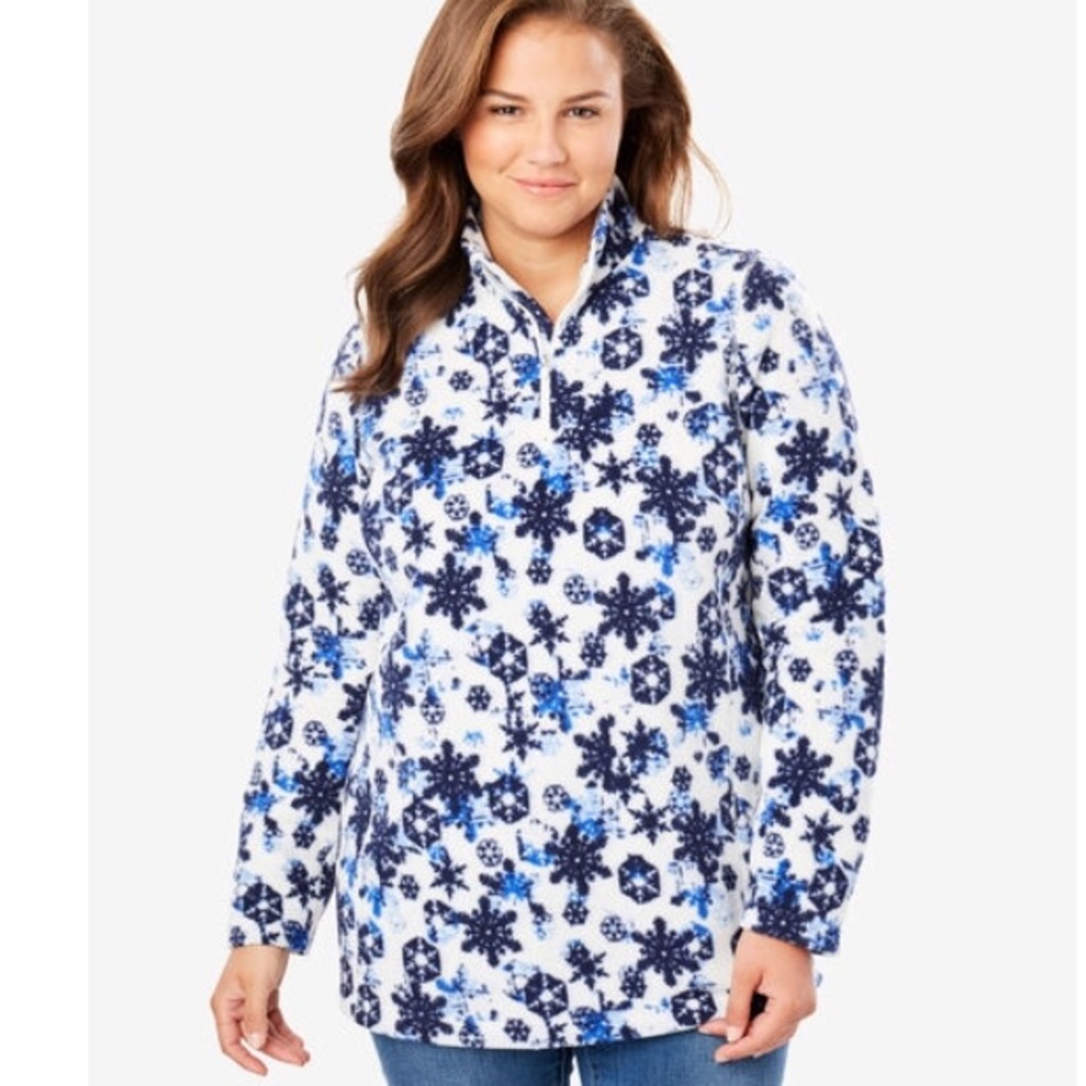 NWT Blue White Snowflakes Microfleece Quarter Zip Pullover Plus Size